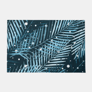 Felpudo Hojas de palma en azul con puntos de polka blanco.