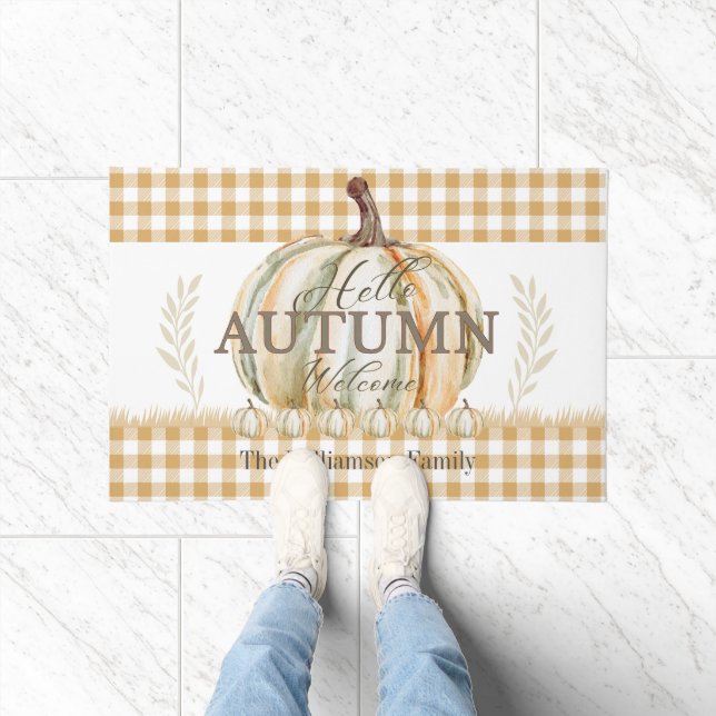 Felpudo Hola Autumn White Pumpkin Gingham Plaid Name (Interior)