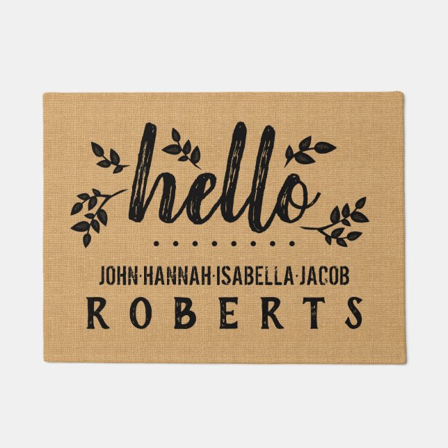 Felpudo Hola Burlap Leaf Farmhouse Feedsack Personalizado (Anverso)