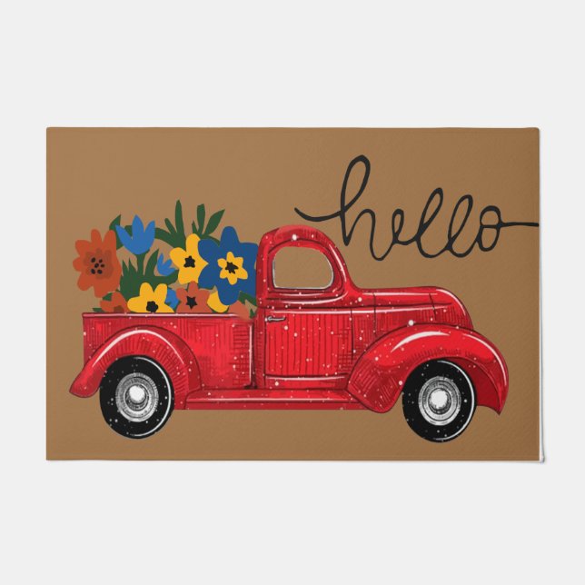 Felpudo Hola Camión Rojo Y Mat De Flor, Retro  (Anverso)