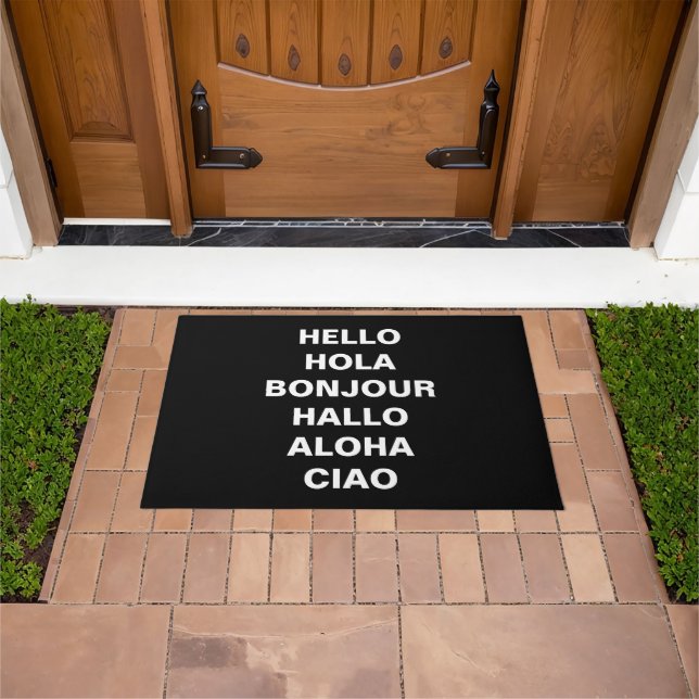 Felpudo Hola en diferentes idiomas personalizado texto neg (Exterior)