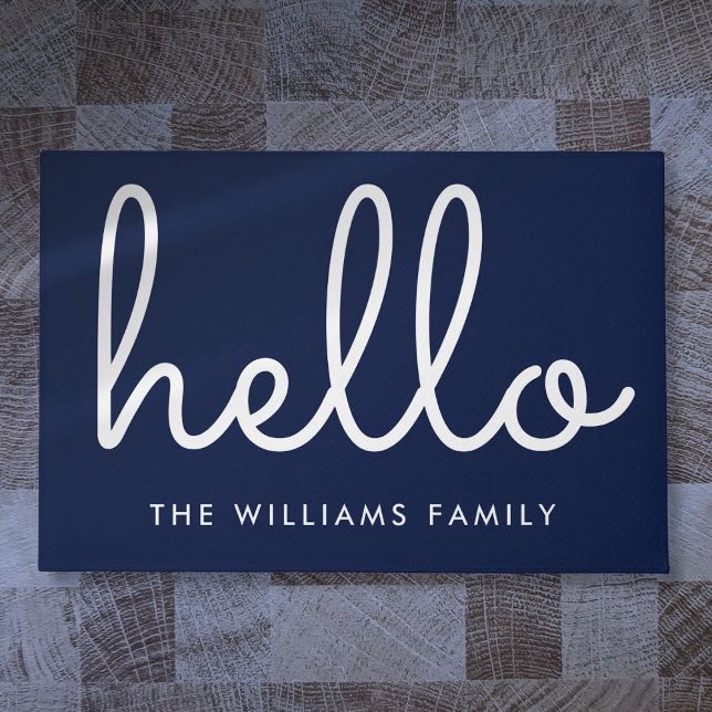 Felpudo Hola estilo Script Navy nombre de familia Personal (Hello Stylish Script Navy Blue Custom Family Name Doormat)