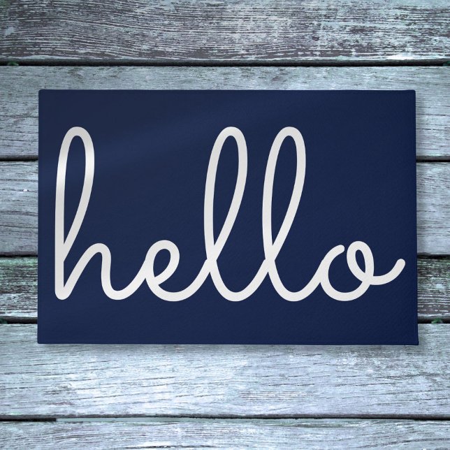 Felpudo Hola estiloso estilo de escritura moderna Navy azu (Hello Stylish Modern Script Navy Blue Doormat)