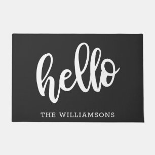Felpudo Hola familia personalizada simple en blanco y negr