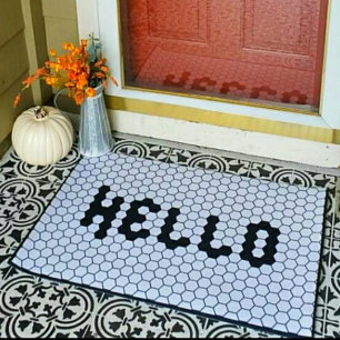 Felpudo Hola Trendy Faux Tile Negro y Blanco Borde grueso