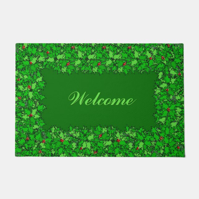Felpudo Holly Wreath con texto, Dark Green Doormat (Anverso)