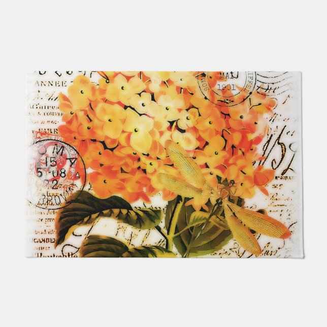 Felpudo Hortensia naranja y libélula (Anverso)
