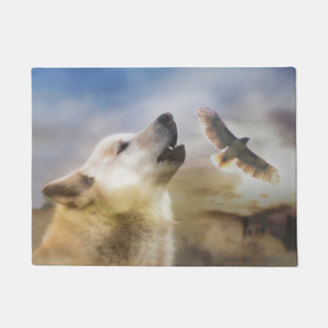 Felpudo Howling Wolf Redtail Hawk Nativo Estadounidense In (Anverso)