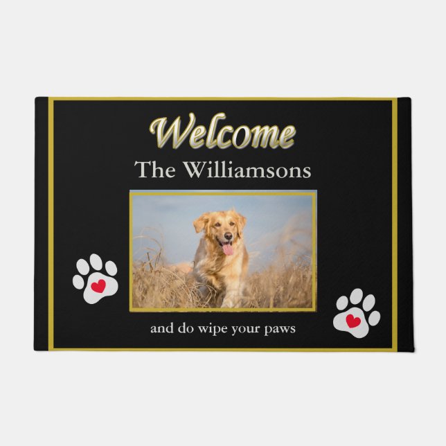 Felpudo Humor Dog Photo Personalizado Black Gold Bienvenid (Anverso)
