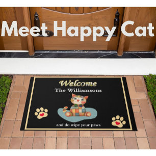 Felpudo Humor Feliz Gato Personalizado Oro Negro Bienvenid