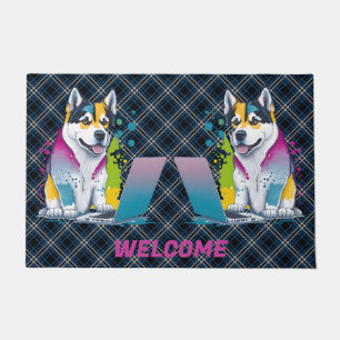 Felpudo Husky Dog Computer Rainbow Watercolor Tech Savvy