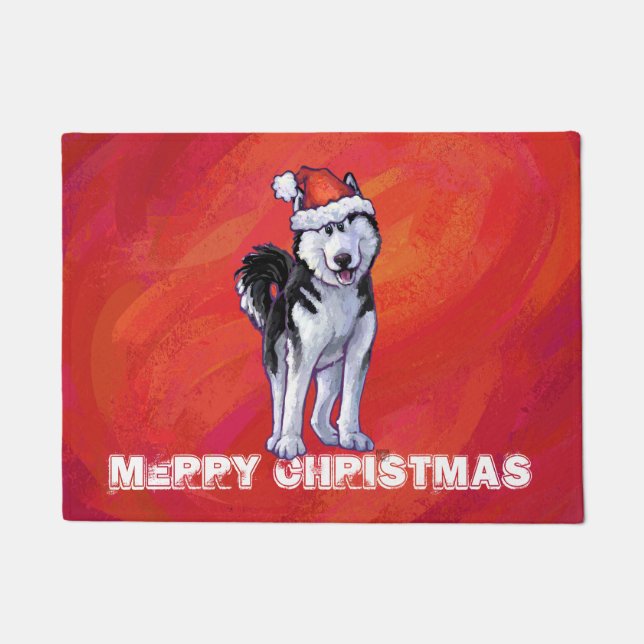 Felpudo Husky en Santa Hat en rojo (Anverso)