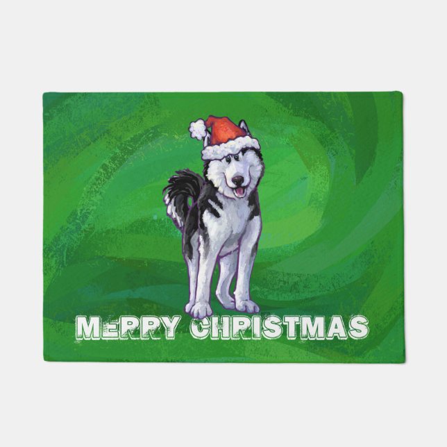 Felpudo Husky festivo en Santa Hat en Green (Anverso)