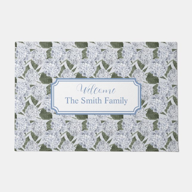 Felpudo Hydrangea Blue Custom Name Welcome Doormat (Anverso)