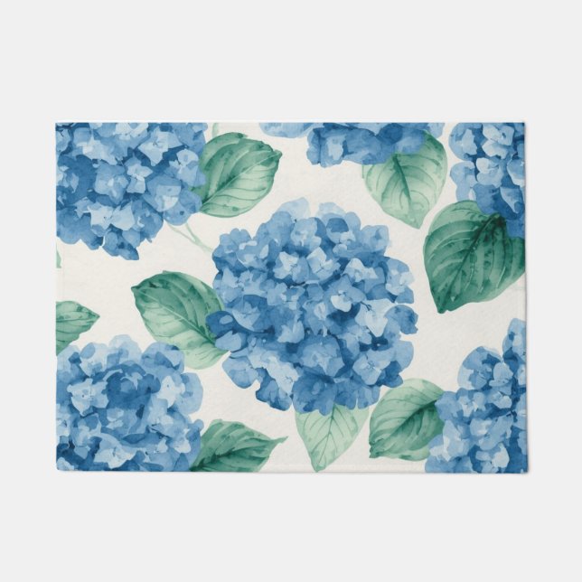 Felpudo Hydrangea Blues Floral Watercolor Botanical Blooms (Anverso)