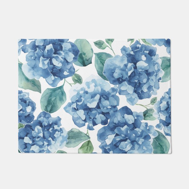 Felpudo Hydrangea Blues | Patrón de flores de acuarela (Anverso)