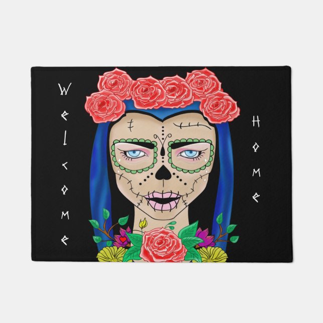 Felpudo Ilustracion chica zombi con una corona de rosas (Anverso)