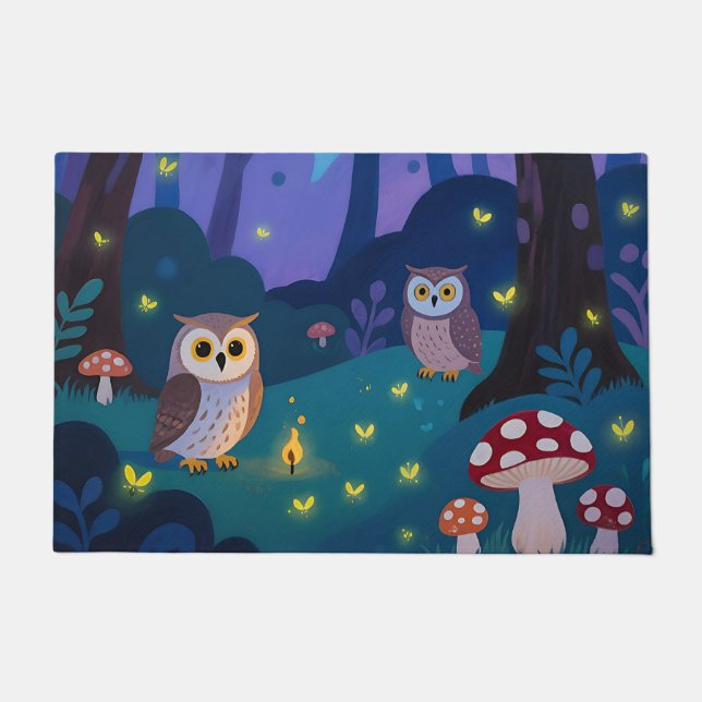 Felpudo Ilustración de Búhos del Bosque Nocturno (Anverso)