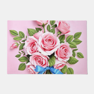 Felpudo Ilustración de cinta de ramo de rosas rosadas
