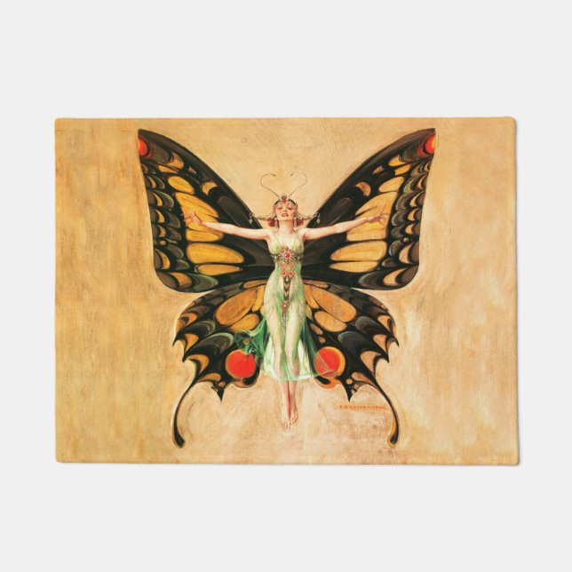 Felpudo Ilustración de mujer Leyendecker mariposa Flapper (Anverso)
