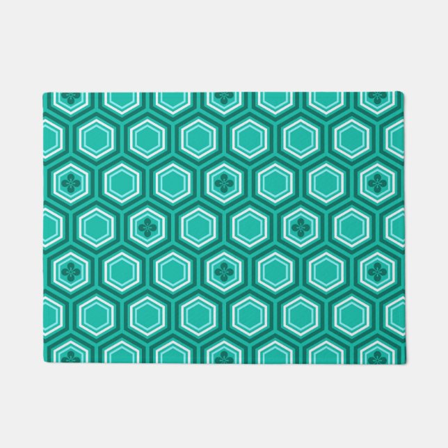 Felpudo Impresión de Kimono Hexagonal, Verde azulada, Aqua (Anverso)