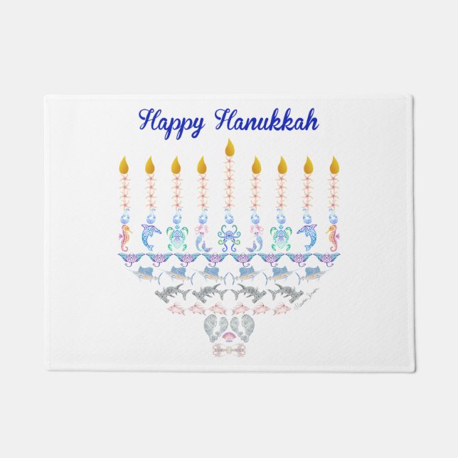 Felpudo Infante de marina feliz Menorah de Jánuca (Anverso)
