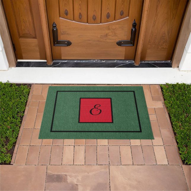 Felpudo Inicial sobre el Denim Verde, suizo con puntos roj (Exterior)