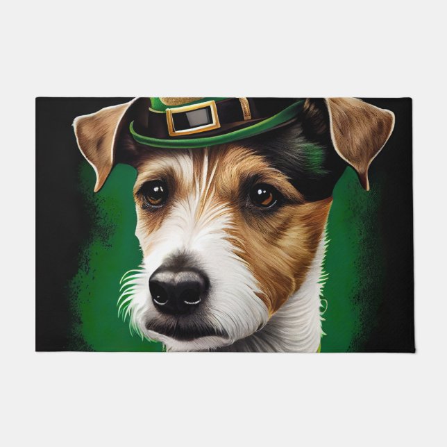 Felpudo Jack Russell Dog con vestido de San Patricio (Anverso)