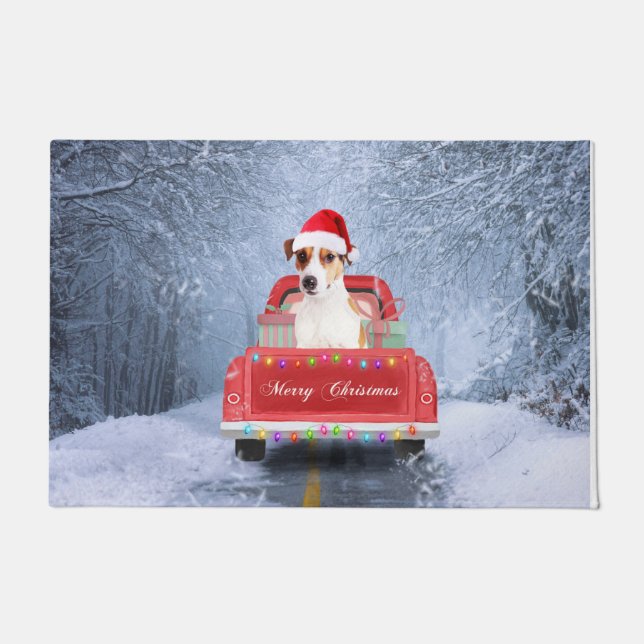 Felpudo Jack Russell Dog en Nieve sentado en Navidades (Anverso)