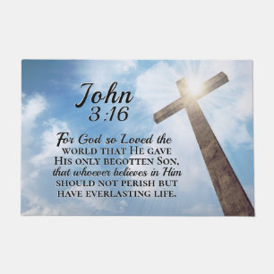 Felpudo Juan 3:16 Dios amó a la Cruz Mundial de Madera