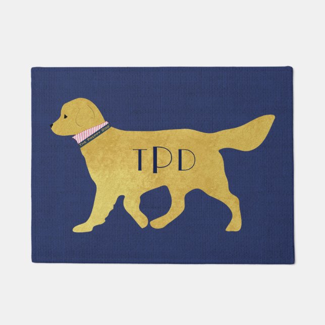 Felpudo Jute de la Marina de Monograma Preppy Golden Retri (Anverso)