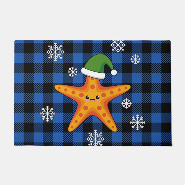 Felpudo Kawaii Navidad Starfish en patrón de búfalo azul (Anverso)