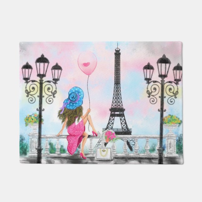 Felpudo Lady con una puerta de globo rosa Mat - Amo París (Anverso)