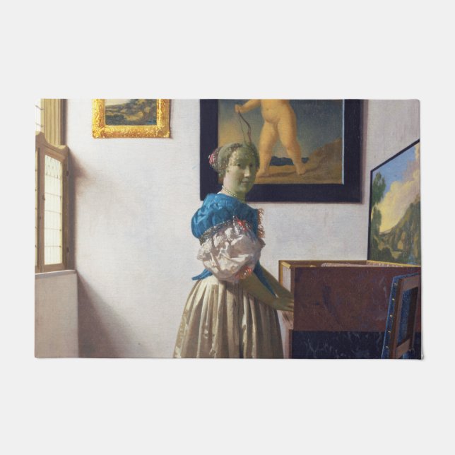 Felpudo Lady parada en un Virginal, Johannes Vermeer (Anverso)