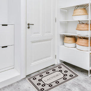 Felpudo Lavandería de diseño de mosaico blanco y negro