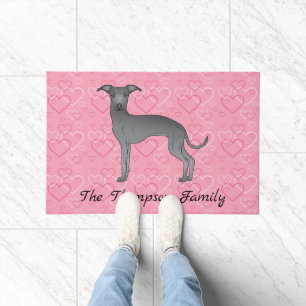 Felpudo Lebrel italiano azul lindo perro en corazones rosa