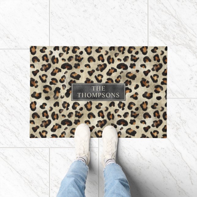 Felpudo Leopard Animal Print With Black Faux Foil And Name (Interior)
