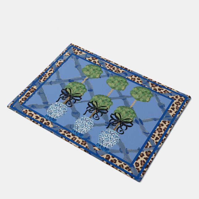 Felpudo Leopard Blue Bamboo Chinoiserie Ginger Jar Doormat (Angular)