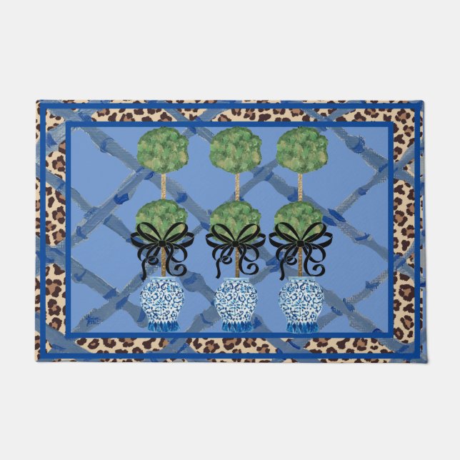 Felpudo Leopard Blue Bamboo Chinoiserie Ginger Jar Doormat (Anverso)