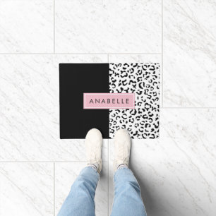 Felpudo Leopard Print, Spots, Black And White, Tu Nombre
