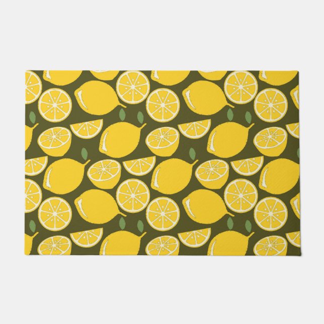 Felpudo Limones Amarillos y Patrón Verde Oliva: Citrus Mod (Anverso)