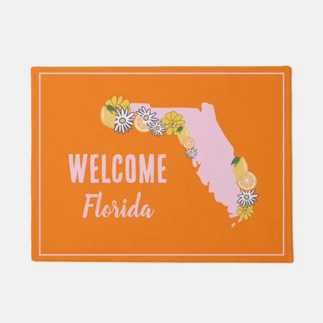 Felpudo Lindo mapa de estado de Florida de bienvenida  (Anverso)