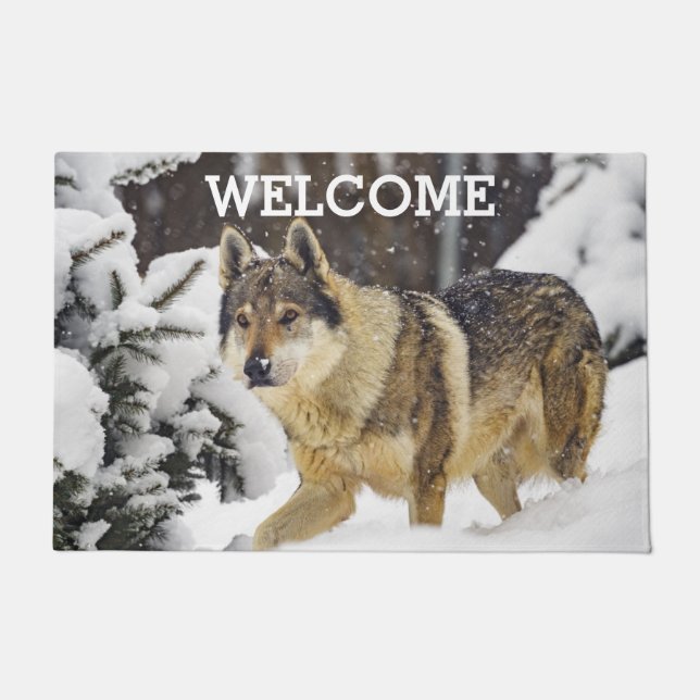 Felpudo Lobo salvaje gris en animales de nieve Doormat (Anverso)