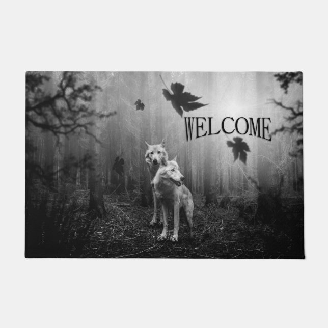 Felpudo Lobos Blanco y Negro nos Dan la Bienvenida (Anverso)