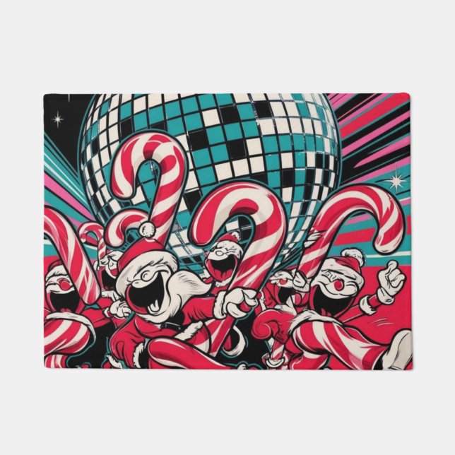 Felpudo Los elfos de Santa Candy Canes bailan bajo disco (Anverso)