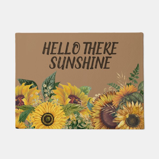 Felpudo Los girasoles amarillos en Brown Hola Sunshine (Anverso)