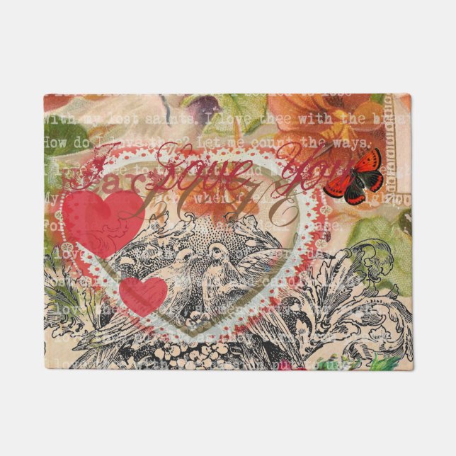 Felpudo Love Birds Heart Red Art Collage (Anverso)