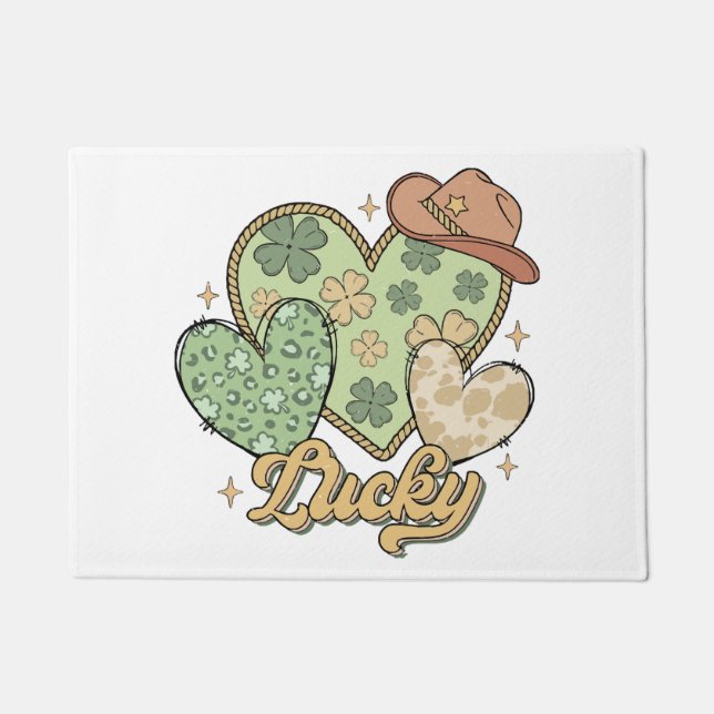 Felpudo Lucky Western St Patricks Day Heart Shamrock Irish (Anverso)