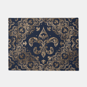 Felpudo Lujo Fleur-de-lis Ornament - dorado y azul oscuro