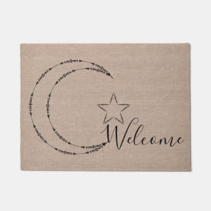 Felpudo Luna y estrellas Celestial Bienvenida faux burlap